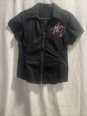Harley-Davidson Black Short-Sleeve Zip-Up Top with Pink HD Logo